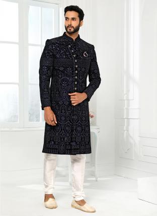 navy blue Art Silk Wedding Wear Thread Work Sherwani