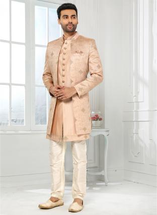 onion pink Art Silk Wedding Wear Thread Work Sherwani