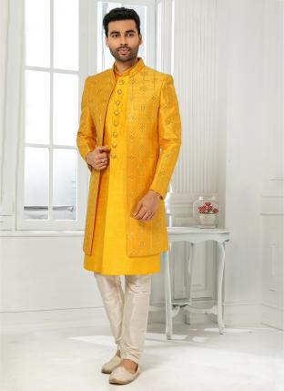 yellow Art Silk Wedding Wear Thread Work Sherwani