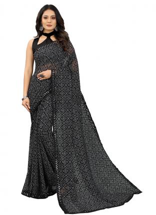 Black Georgette Casual Wear Printed Work Saree