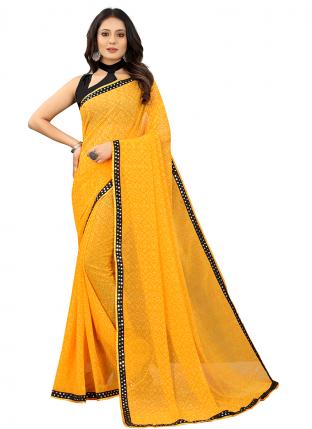 Yellow Georgette Casual Wear Printed Work Saree