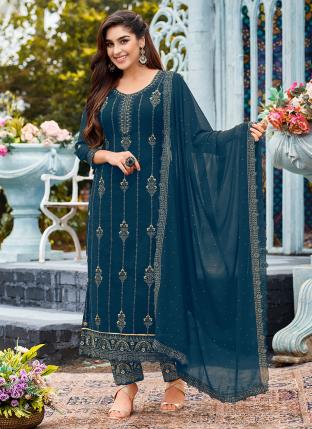 Blue Faux Georgette Festival Wear Embroidery Work Salwar Suit