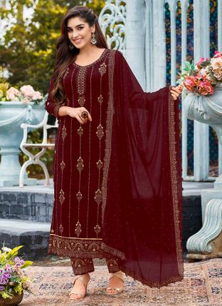 Maroon Faux Georgette Festival Wear Embroidery Work Salwar Suit