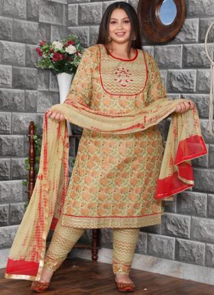 Beige New Fancy Embroidery Readymade Plus Size Salwar Suits Collection