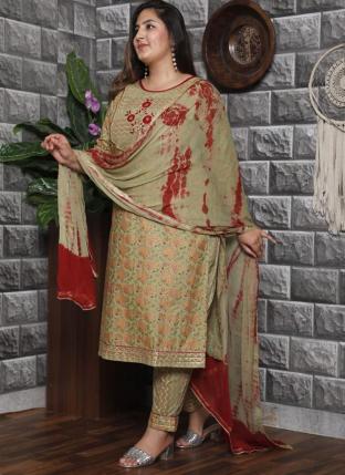 Olive Green New Fancy Embroidery Readymade Plus Size Salwar Suits Collection