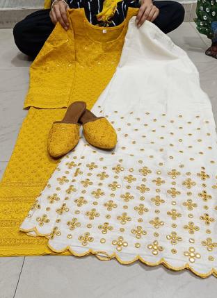 Yellow Cambric Cotton Party Wear Sequins Work Readymade Salwar Suit