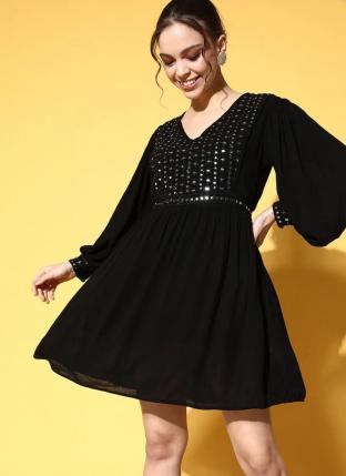 Black Cotton Party Wear Embroidery Work Dress