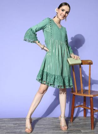 Green Lurex Silk Party Wear Embroidery Work Dress