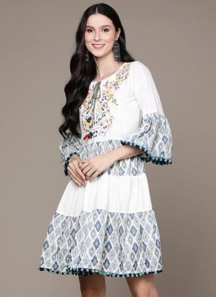 White Cotton Party Wear Embroidery Work Dress