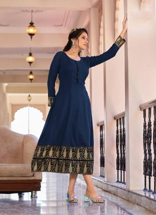 Navy Blue Rayon Casual Wear Foil Printed Gown