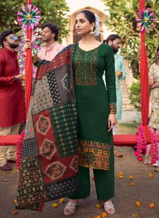 Bottle Green Jam Cotton Casual Wear Embroidery Work Palazzo Suit
