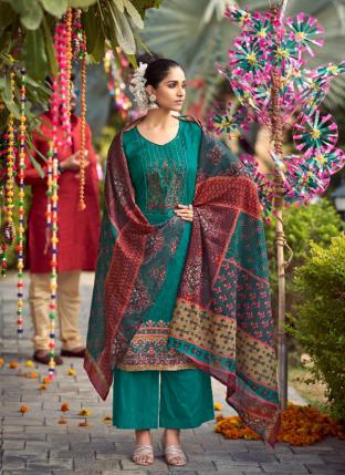 Firozi Jam Cotton Casual Wear Embroidery Work Palazzo Suit