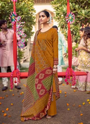 Mustard Jam Cotton Casual Wear Embroidery Work Palazzo Suit