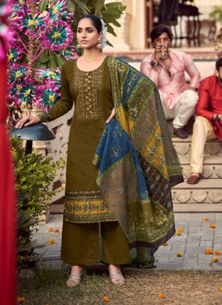 Olive Green Jam Cotton Casual Wear Embroidery Work Palazzo Suit