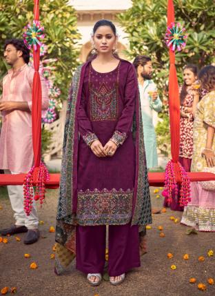 Purple Jam Cotton Casual Wear Embroidery Work Palazzo Suit