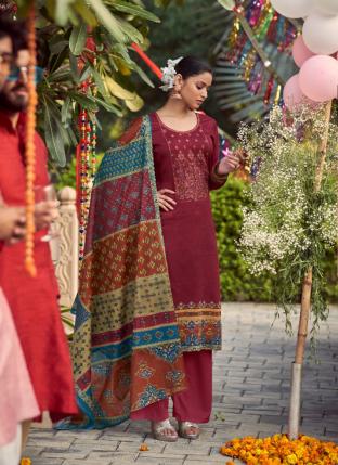 Violet Jam Cotton Casual Wear Embroidery Work Palazzo Suit