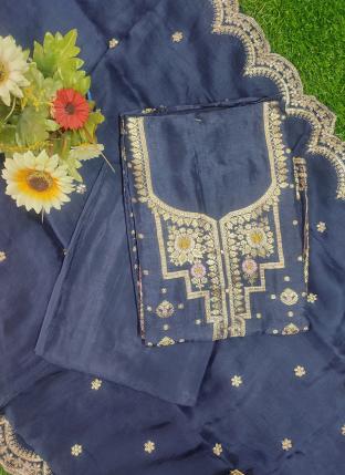 Navy Blue Dola Silk Traditional Wear Hand Work Dress Material