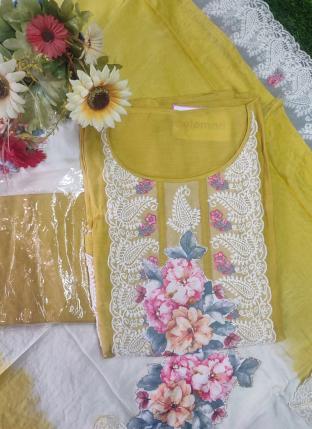 Yellow Muslin Festival Wear Lucknowi Work Dress Material