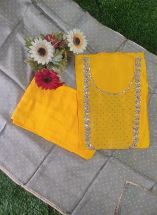 Yellow Russian Silk Traditional Wear Embroidery Work Dress Material