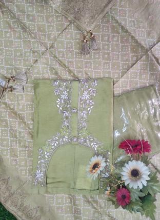 Green Russian Silk Wedding Wear Hand Work Dress Material