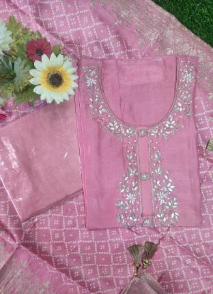 Pink Russian Silk Wedding Wear Hand Work Dress Material