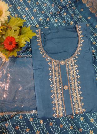 Blue Russian Silk Wedding Wear Weaving Dress Material