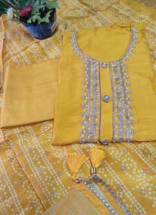 Yellow Russian Silk Wedding Wear Weaving Dress Material