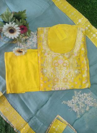 Yellow Dola Silk Festival Wear Weaving Dress Material