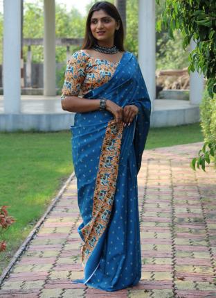 Blue Satin Silk Festival Wear Weaving Saree