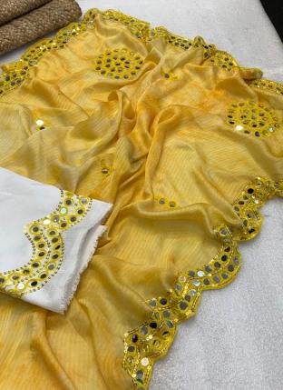 Yellow Georgette Party Wear Mirror Work Saree