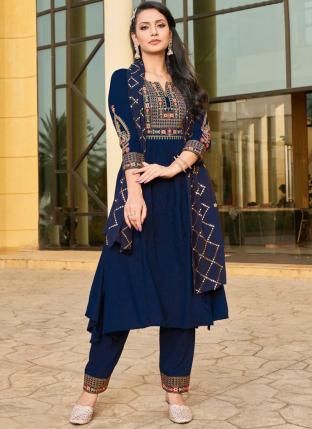 Navy Blue Viscose Silk Festival Wear Embroidery Work Readymade Salwar Suit