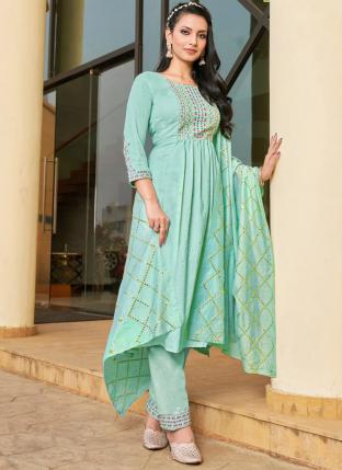 Pista green Viscose Silk Festival Wear Embroidery Work Readymade Salwar Suit