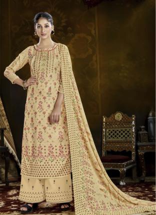 Beige Pashmina Casual Wear Embroidery Work Palazzo Suit