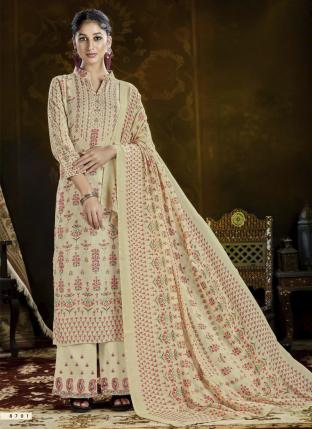 Cream Pashmina Casual Wear Embroidery Work Palazzo Suit