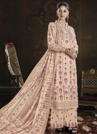 Light Pink Pashmina Casual Wear Embroidery Work Palazzo Suit