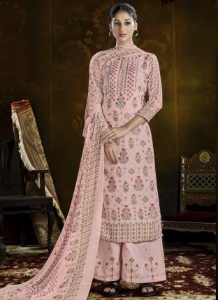 Pink Pashmina Casual Wear Embroidery Work Palazzo Suit