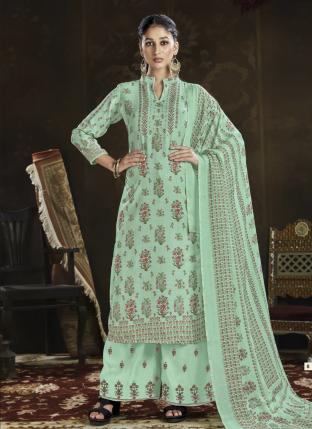 Pista green Pashmina Casual Wear Embroidery Work Palazzo Suit