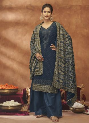 Navy Blue Georgette Eid Wear Embroidery Work Palazzo Suit
