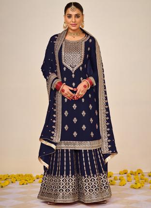 Navy Blue Faux Georgette Ramzan Eid Wear Embroidery Work Sharara Suit