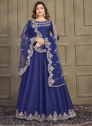 Navy Blue Art sILK Wedding Wear Embroidery Work Anarkali Suit