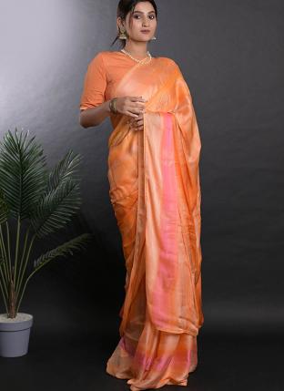 Orange Linen Satin Casual Wear Printed Saree