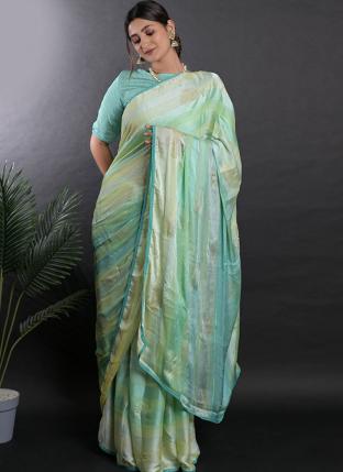 Turquoise Blue Linen Satin Casual Wear Printed Saree
