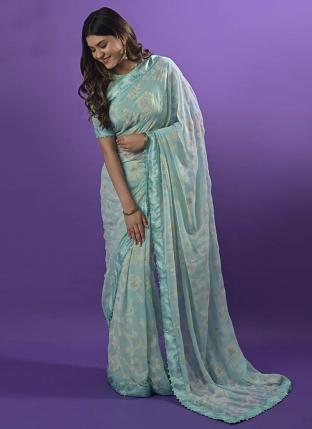 Sky Blue Georgette Casual Wear Printed Saree