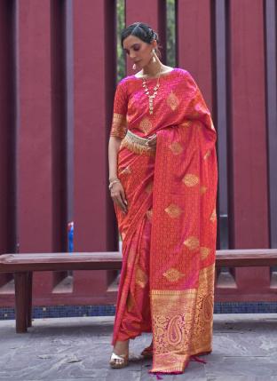 Pink Satin Silk Festival Wear Weaving Saree