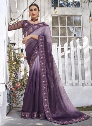 Purple Organza Satin Wedding Wear Embroidery Work Saree