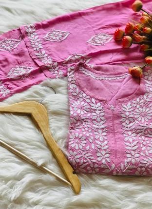 Pink Rayon Festival Wear Lucknowi Work Kurti With Palazzo