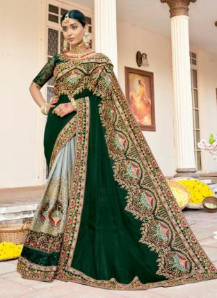Green Silk Wedding Wear Embroidery Work Saree