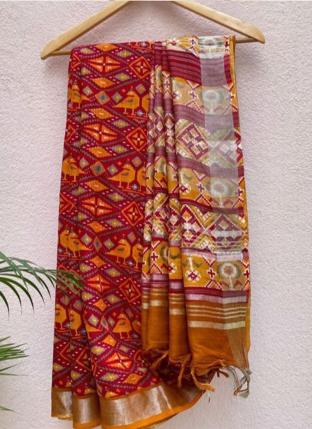 Hot Red Linen Daily wear Digital Printed Saree