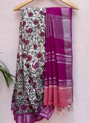 Purple Linen Daily wear Digital Printed Saree