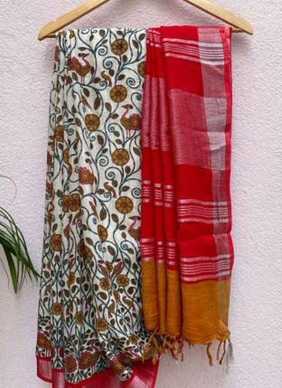Red Linen Daily wear Digital Printed Saree